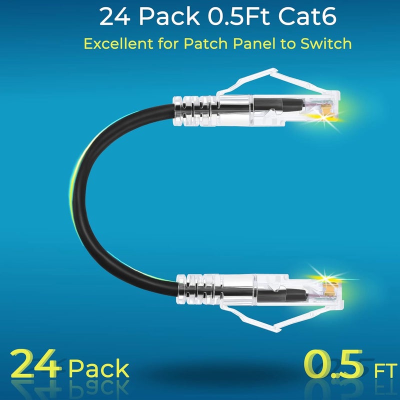 Rapink Patch Cables Cat6/ Cat6a 0.5ft (24 Pack) Slim, Cat6a Ethernet Patch Cable 10G Support, Snagless Cat 6 Patch Cable for Patch Panel to Switch, Flexiable Cat6 Ethernet Cable Black - Image 2